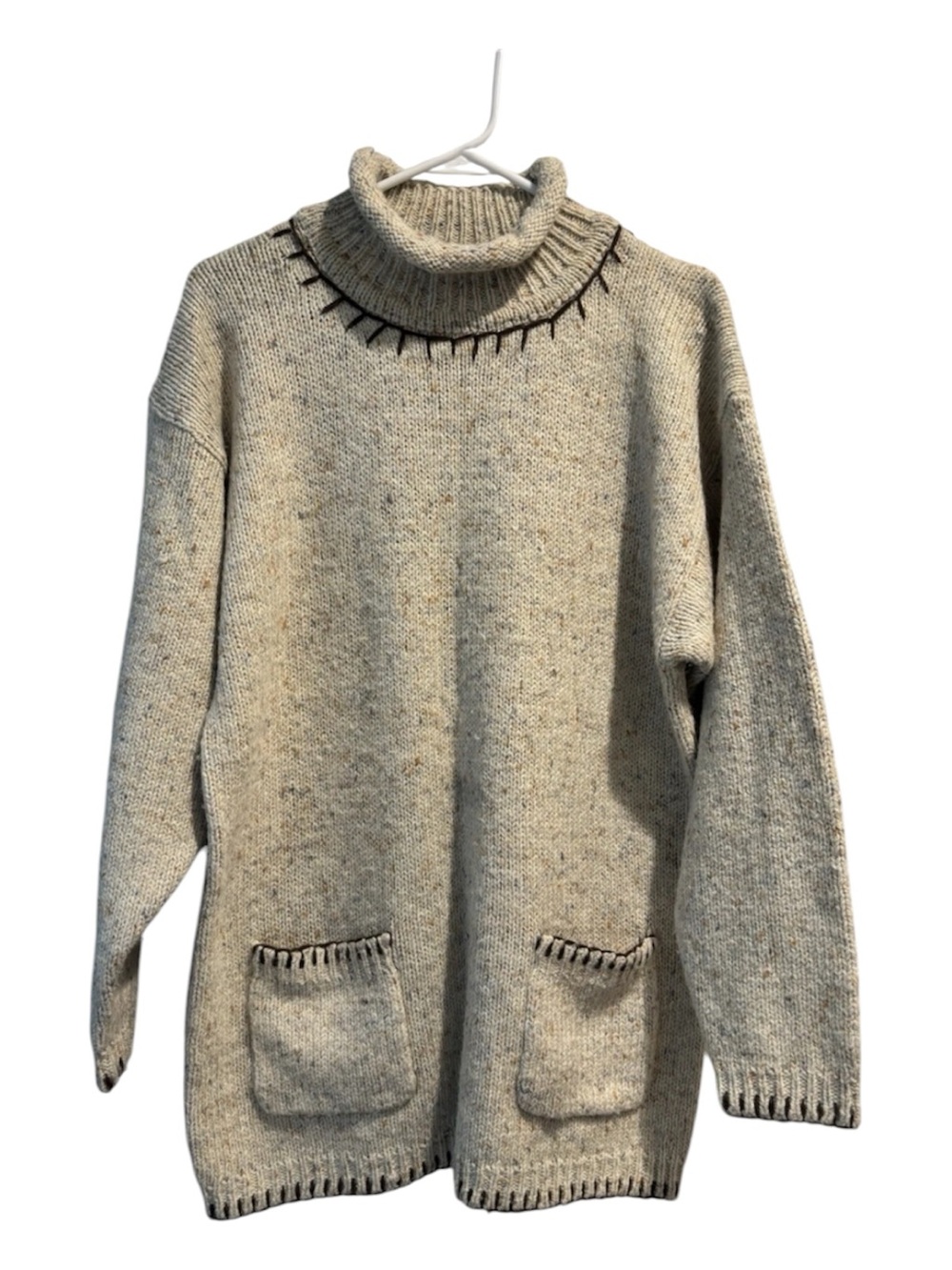 Neutral Cream Turtleneck Sweater with Contrast Stitching